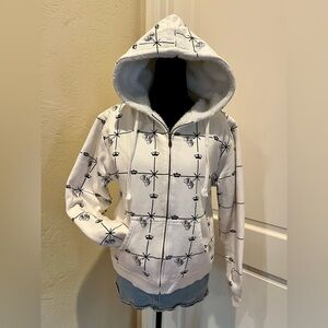 Vintage White Zipper Hoodie with Black Crown & FMF Logo Pattern